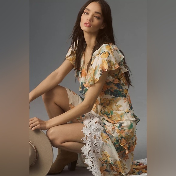 NWT By Anthropologie V-Neck Ruffle Lace Slip Dress - Picture 8 of 9